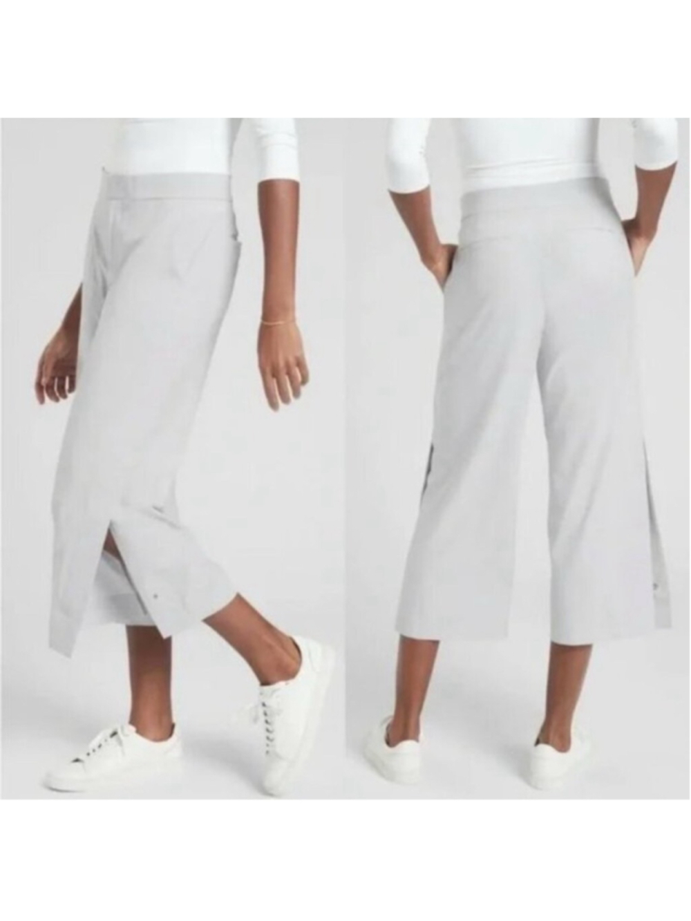 Women's Athleta Tribeca Wide Leg Crop Pants Size 4 Light Grey Snap Hem